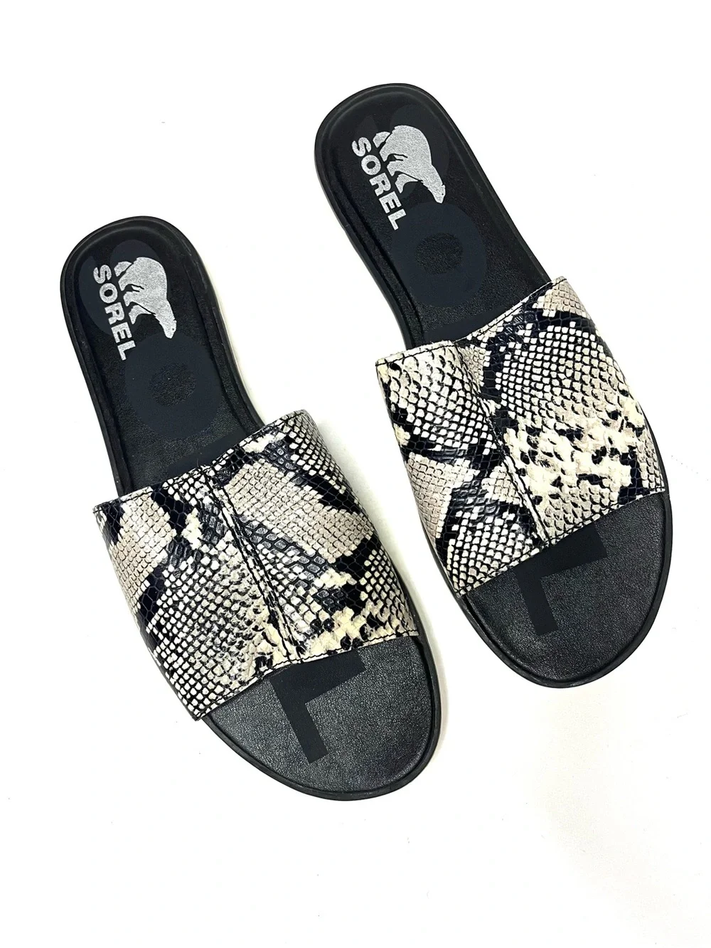 Sorel Ella II Block Slide in Black/Ivory Snake Print Leather - Size 10